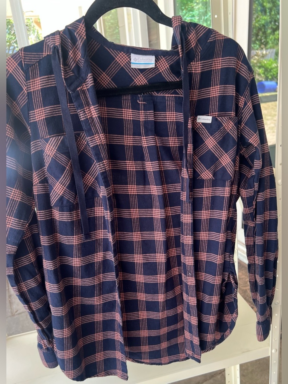 Columbia Navy & Pink Hooded Flannel Shirt XS Plaid Outdoorsy Girlhoodcore NWOT